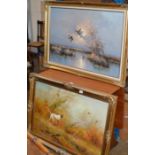 2 LARGE GILT FRAMED OIL PAINTINGS ON CANVAS