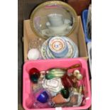 2 BOXES WITH BRASS CANDLE STICKS, VARIOUS TEA & DINNER WARE, FRAMED MIRROR, GLASS WARE ETC