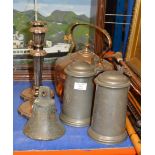 COPPER KETTLE, 2 PEWTER TANKARDS, PAIR OF EP CANDLE STICKS & OLD BELL