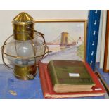 OLD BOOK, ALBUM OF STAMPS, SMALL FRAMED PICTURE & BRASS LANTERN