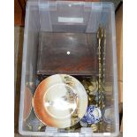 BOX WITH VARIOUS BRASS WARE, ROSEWOOD BOX, DOULTON DISH & GENERAL BRIC-A-BRAC