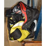 BOX WITH VARIOUS MOTORCYCLE CLOTHING, JACKET, BOOTS ETC