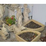 3 SMALL GARDEN STATUES, 3 VARIOUS PLANTERS