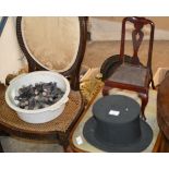 TOP HAT, MINIATURE CHAIR & BOX WITH OLD GLASS BOTTLES