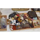 TRAY WITH LARGE QUANTITY VARIOUS COSTUME JEWELLERY, GEM STONE DISPLAYS, WATCHES, OPERA GLASSES,