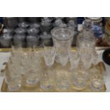 TRAY WITH LIDDED CRYSTAL VASE, DECANTER, VARIOUS CRYSTAL GLASSES, WATERFORD CRYSTAL STEM GLASSES ETC