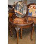 FOLD OVER HALF MOON TABLE, DECORATIVE BOX & MAHOGANY SWING MIRROR