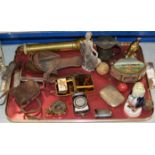 TRAY WITH 19TH CENTURY GLASS TRINKET BOX, VARIOUS OLD GOLF BALLS, BRASS CASED TORCH, MILITARY