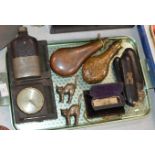 TRAY WITH WHISKY ADVERTISING HIP FLASK, OLD GAUGE, POWDER FLASKS, VINTAGE SPECTACLES ETC