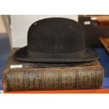 OLD LEATHER BOUND FAMILY BIBLE & BOWLER HAT