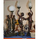 PAIR OF BRONZE EFFECT CHERUB LAMPS WITH SHADES & SIMILAR DOUBLE FIGURINE LAMP
