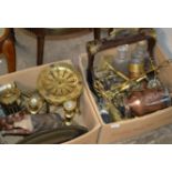 2 BOXES WITH VARIOUS BRASS & COPPER WARE, OLD TANTALUS, VARIOUS FIRE ACCESSORIES, WOODEN CATTLE ETC