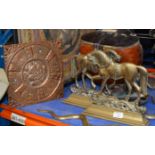 UNUSUAL COPPER PANEL & PAIR OF BRASS HORSE DISPLAYS