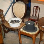 MAHOGANY CHAIR WITH CANE SEAT, PADDED STOOL