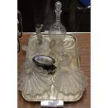 TRAY WITH ASSORTED GLASS WARE & SMALL PAINTED PANEL PICTURE