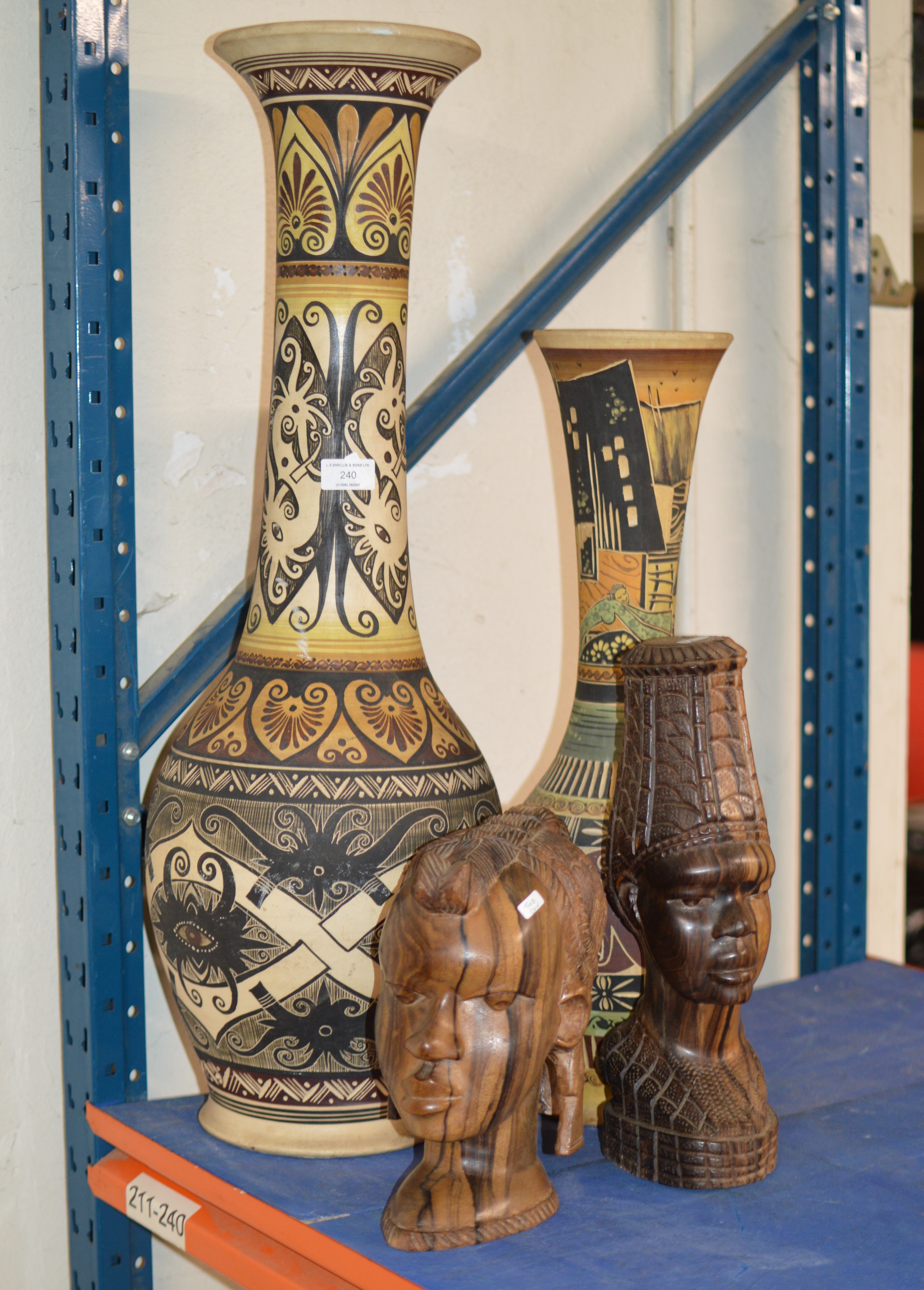 2 LARGE POTTERY VASES & 2 WOODEN AFRICAN STYLE BUST DISPLAYS