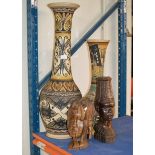 2 LARGE POTTERY VASES & 2 WOODEN AFRICAN STYLE BUST DISPLAYS