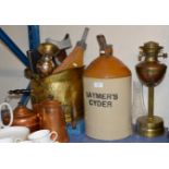 PARAFFIN LAMP, VINTAGE CIDER FLAGON, ASSORTED COPPER WARE, CUTLERY ETC