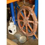 OLD WOODEN SHIPS WHEEL, BRONZE PROPELLER & COACH LAMP