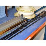 SNOOKER / POOL CUE IN CASE & ASSORTED FISHING RODS