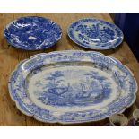 2 JAPANESE DISHES & LARGE BLUE & WHITE PLATTER