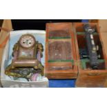 BOX WITH OLD CLOCK & VINTAGE THEODOLITE