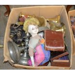 BOX WITH OLD CLOWN DOLL, PEWTER & BRASS WARE, BINOCULARS ETC