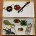 BOX WITH VINTAGE SPECTACLES, SILVER BABY RATTLE, COSTUME JEWELLERY ETC