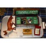 TRAY WITH BESWICK FOX ORNAMENT, MAUCHLINE WARE BOX, CHINESE BOX WITH VARIOUS WRIST WATCHES,