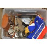 BOX WITH BINOCULARS, MIXED CERAMICS, GLASS WARE, PLAQUES ETC