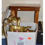 MUSICAL SEWING TABLE & BOX WITH ASSORTED COPPER & BRASS WARE