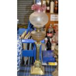 PARAFFIN LAMP WITH COLOURED GLASS SHADE & GLASS FUNNEL