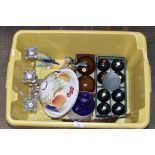 BOX WITH LAWN BOWLS, DECANTER, LIDDED TUREEN, CANDELABRA ETC