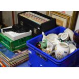 BOX WITH VARIOUS ORNAMENTS, MODERN VASES, COINS, GLASS WARE ETC, QUANTITY LP RECORDS, PAIR OF