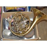 BOX WITH OLD FRENCH HORN & ASSORTED CAR PARTS