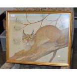 19½" X 24½" GILT FRAMED WATERCOLOUR OF A CAT IN A TREE BY RALSTON GUDGEON