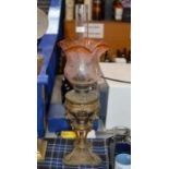 PARAFFIN LAMP WITH COLOURED GLASS SHADE & GLASS FUNNEL