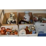 5 BOXES WITH MIXED CERAMICS, VARIOUS TEA WARE, DISHES, COPPER FINISHED ITEMS, ANIMAL ORNAMENTS &
