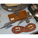 CHROME HORSE DISPLAY ON STAND, 2 OLD MASCOTS & 2 BSA PETROL TANK PLATES