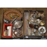 2 BOXES WITH ASSORTED EP WARE, VARIOUS CUTLERY, DECORATIVE WOODEN BOWL, PEWTER WARE ETC