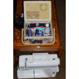SEWING MACHINE & BOX WITH VARIOUS SEWING ACCESSORIES