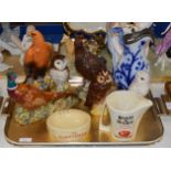 TRAY WITH VARIOUS BIRD DECANTERS, BESWICK PHEASANT ORNAMENT, BLUE & WHITE JUG, PUB WARE ETC