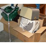 2 BOXES WITH OLD PROJECTOR, SHOOTING STICK, MASONIC STYLE APRON, RECORD PLAYER ETC
