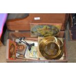 WOODEN BOX WITH VARIOUS RELIGIOUS ITEMS, PICTURES ETC