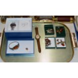 TRAY WITH VARIOUS SILVER & AMBER JEWELLERY, VINTAGE ROAMER GENTS WATCH, TISSOT WRIST WATCH IN