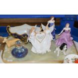 TRAY WITH COLOURED GLASS MUSHROOM, DOG ORNAMENTS, CARLTON WARE DISH, FIGURINES ETC