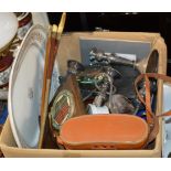 BOX WITH RIDING CROPS, BINOCULAR CASE, CERAMIC LIDDED JAR, DECORATIVE PLAQUES ETC