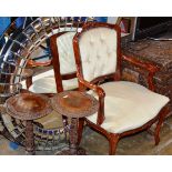 MAHOGANY FRAMED BEDROOM CHAIR & 2 SMALL BRASS INLAID OCCASIONAL TABLES