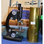 OLD MICROSCOPE & BRASS SHELL