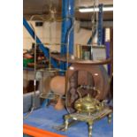 BRASS KETTLE, TRIVET STAND, VARIOUS TOASTING FORKS & 3 TIER STAND
